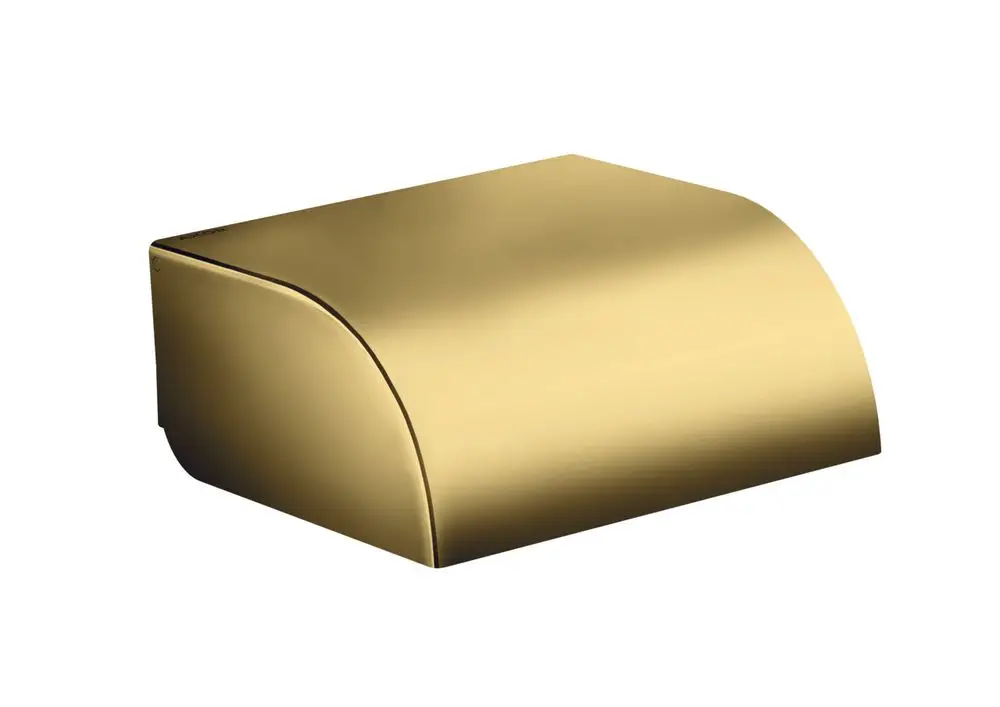 Toilettenpapierhalter in goldener Optik mit geschwungener Form, aus der AXOR Kollektion. Die Oberfläche wirkt elegant und modern.
